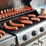 Nahaufnahme eines modernen Gasgrills in einer verschneiten Winterlandschaft. Auf dem Grill brutzeln Bratwürste und Steaks, während Dampf aufsteigt.