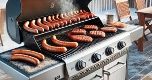 Nahaufnahme eines modernen Gasgrills in einer verschneiten Winterlandschaft. Auf dem Grill brutzeln Bratwürste und Steaks, während Dampf aufsteigt.
