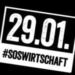 Logo des Wirtschaftswarntags am 29. Januar mit der Aufschrift "29.01." und dem Hashtag "#SOSWIRTSCHAFT" in weißer Schrift auf schwarzem Hintergrund.