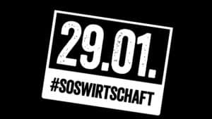 Logo des Wirtschaftswarntags am 29. Januar mit der Aufschrift "29.01." und dem Hashtag "#SOSWIRTSCHAFT" in weißer Schrift auf schwarzem Hintergrund.