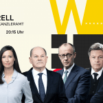 „Das Quadrell“ – TV-Duell um das Kanzleramt: Auf dem Bild sind die beiden Moderatoren Günther Jauch und Pinar Atalay sowie die vier Kanzlerkandidaten der stärksten Parteien zu sehen: Bundeskanzler Olaf Scholz (SPD), Friedrich Merz (CDU/CSU), Robert Habeck (Grüne) und Alice Weidel (AfD). Das politische TV-Event wird am 16. Februar um 20:15 Uhr live auf RTL, ntv und stern ausgestrahlt.