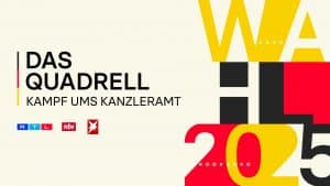 Grafik zur TV-Sendung 'Das Quadrell – Kampf ums Kanzleramt' mit den Logos von RTL, ntv und stern. Die Gestaltung enthält die Farben Schwarz, Rot und Gelb sowie die Jahreszahl 2025 als Teil des Designs.