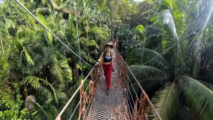 Yeliz Koc läuft über eine schmale Hängebrücke inmitten eines dichten, tropischen Regenwaldes. Sie trägt einen Cowboyhut, ein schwarzes Top mit Aufdruck und eine rote Hose. Umgeben von üppigem Grün und hohen Palmen, blickt sie konzentriert nach vorne.