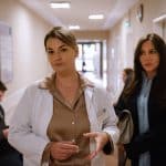"Frühling - Die Mutter, die es nie gab": Im Krankenhausflur blickt Katja Baumann (Simone Thomalla) fragend zu Dr. Lucia Fabiansky (Ines Lutz).