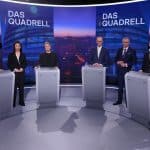 V.l.: Olaf Scholz (SPD), Pinar Atalay, Robert Habeck (Bündnis 90/die Grünen), Friedrich Merz (CDU), Günther Jauch, Alice Weidel