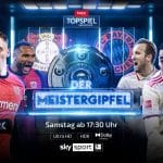 Eine Werbegrafik für das Bundesliga-Topspiel zwischen Bayer 04 Leverkusen und dem FC Bayern München. In der Mitte ist die Meisterschale zu sehen, darüber steht „DER MEISTERGIPFEL“. Links sind drei Leverkusen-Spieler (Granit Xhaka, Florian Wirtz und Jeremie Frimpong) in roten Trikots abgebildet, rechts drei Bayern-Spieler (Harry Kane, Jamal Musiala und Joshua Kimmich) in weißen Trikots. Im Hintergrund leuchten die Vereinslogos. Unten ist die Übertragungszeit „Samstag ab 17:30 Uhr“ angegeben, sowie die Logos von „Sky Sport“, „Ultra HD“, „HDR“ und „Dolby Atmos“.