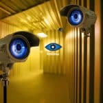 Futuristisch gestalteter „Big Brother“-Raum mit mehreren Überwachungskameras, deren Linsen wie blaue Augen aussehen. Im Hintergrund leuchtet das bekannte „Big Brother“-Logo mit stilisiertem Auge an einer gelb-orangenen Wand. Die Szenerie vermittelt eine dystopische