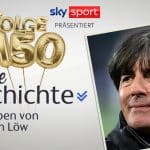 Offizielles Sky Sport Werbebild zur 150. Folge der Serie "Meine Geschichte - Das Leben von...", die sich diesmal um Joachim Löw dreht. Das Bild zeigt goldene Ballons mit der Aufschrift "Folge 150" sowie ein Porträt von Joachim Löw. Sky Sport-Logo oben im Bild.