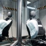 Ein Testlabor mit zwei Autositzmodellen, bei denen die Seitenairbags ausgelöst wurden. Der Test überprüft, ob die Sitzbezüge korrekt reißen und die Airbags sich ungehindert entfalten können. Sicherheitsprüfung durch den TÜV Rheinland.