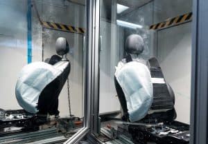 Ein Testlabor mit zwei Autositzmodellen, bei denen die Seitenairbags ausgelöst wurden. Der Test überprüft, ob die Sitzbezüge korrekt reißen und die Airbags sich ungehindert entfalten können. Sicherheitsprüfung durch den TÜV Rheinland.