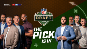 NFL Draft 2025 mit v.l.: Sebastian Vollmer, Jan Stecker, Markus Kuhn, Kasim Edebali, Björn Werner, Patrick Esume, Florian Ambrosius und Jan Weinreich.