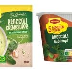 Zwei Maggi-Produkte mit Broccoli: links eine Packung Maggi Broccoli Cremesuppe für zwei Teller, rechts ein Becher Maggi 5 Minuten Terrine Broccoli-Nudeltopf – beide mit Nutri-Score und grünem Design.