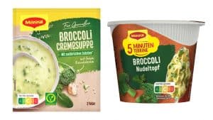 Zwei Maggi-Produkte mit Broccoli: links eine Packung Maggi Broccoli Cremesuppe für zwei Teller, rechts ein Becher Maggi 5 Minuten Terrine Broccoli-Nudeltopf – beide mit Nutri-Score und grünem Design.