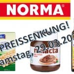 Grafik zur Preisaktion bei NORMA am Samstag, 29.03.2025. Im Zentrum das NORMA-Logo mit dem Schriftzug „PREISSENKUNG! Samstag, 29.03.2025“. Abgebildet sind fünf reduzierte Produkte: GOLDEN BREAKFAST Nut Flakes, DELICIA Müsli-Riegel, NULACTA Nuss-Nougat-Creme, FRISAN Rapskernöl und GOLDEN BREAKFAST Honey Wheat Cerealien.