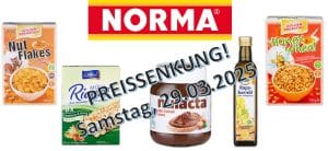 Grafik zur Preisaktion bei NORMA am Samstag, 29.03.2025. Im Zentrum das NORMA-Logo mit dem Schriftzug „PREISSENKUNG! Samstag, 29.03.2025“. Abgebildet sind fünf reduzierte Produkte: GOLDEN BREAKFAST Nut Flakes, DELICIA Müsli-Riegel, NULACTA Nuss-Nougat-Creme, FRISAN Rapskernöl und GOLDEN BREAKFAST Honey Wheat Cerealien.