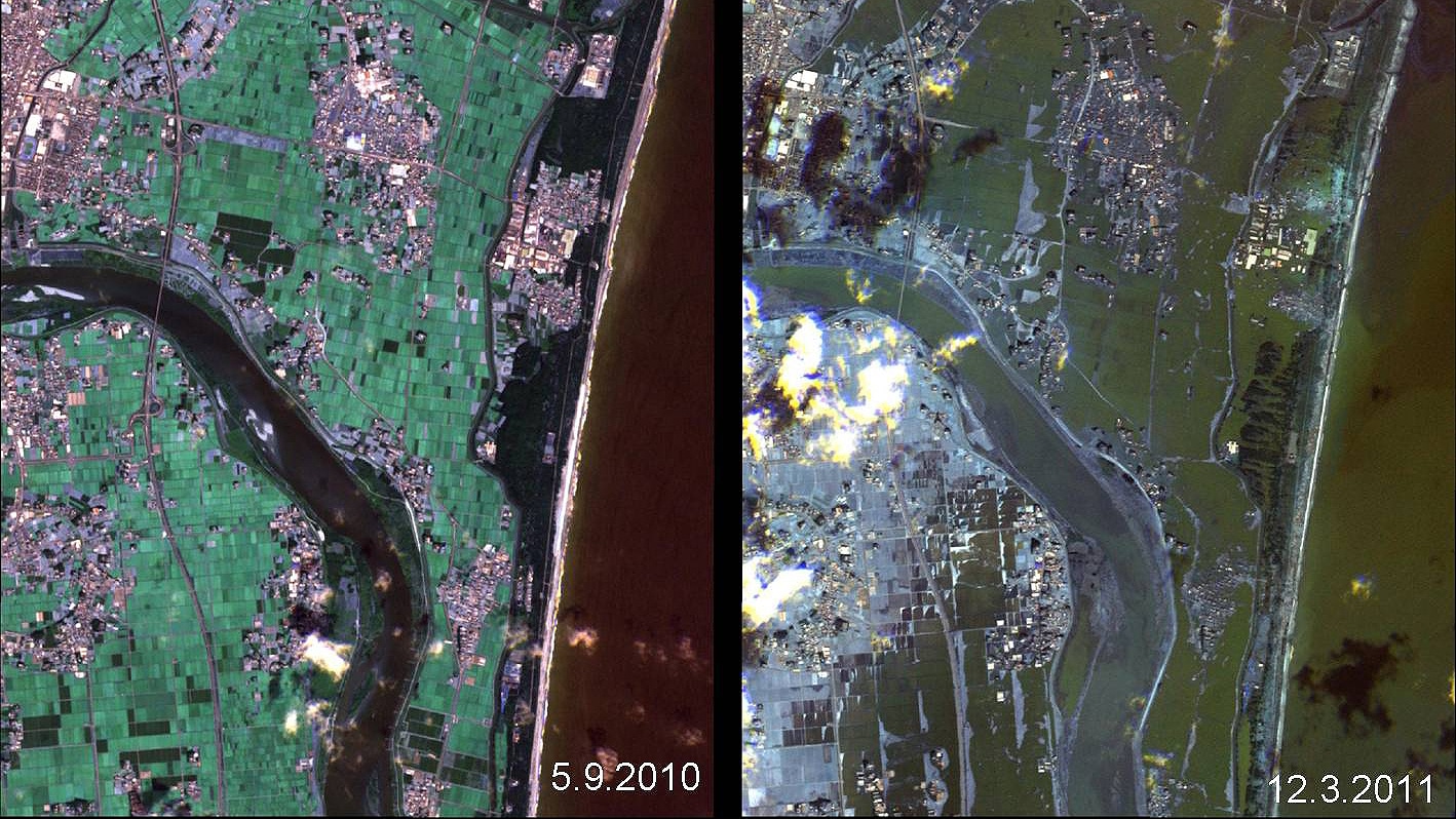 Fukushima-Katastrophe: 14 Jahre nach dem verheerenden Tsunami – Die Folgen bis heute spürbar Satellitenfotos des japanischen Katastrophengebietes nach dem Tsunami 2011