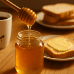 Ein Glas Honig steht auf einem Holztisch. Honig tropft von einem Holzlöffel hinein. Im Hintergrund: ein Frühstücksteller mit Toast und Butter, daneben eine Kaffeetasse und eine fliegende Biene.