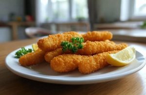Fischstäbchen auf einem Teller angerichtet