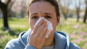 Frau beim Naseputzen