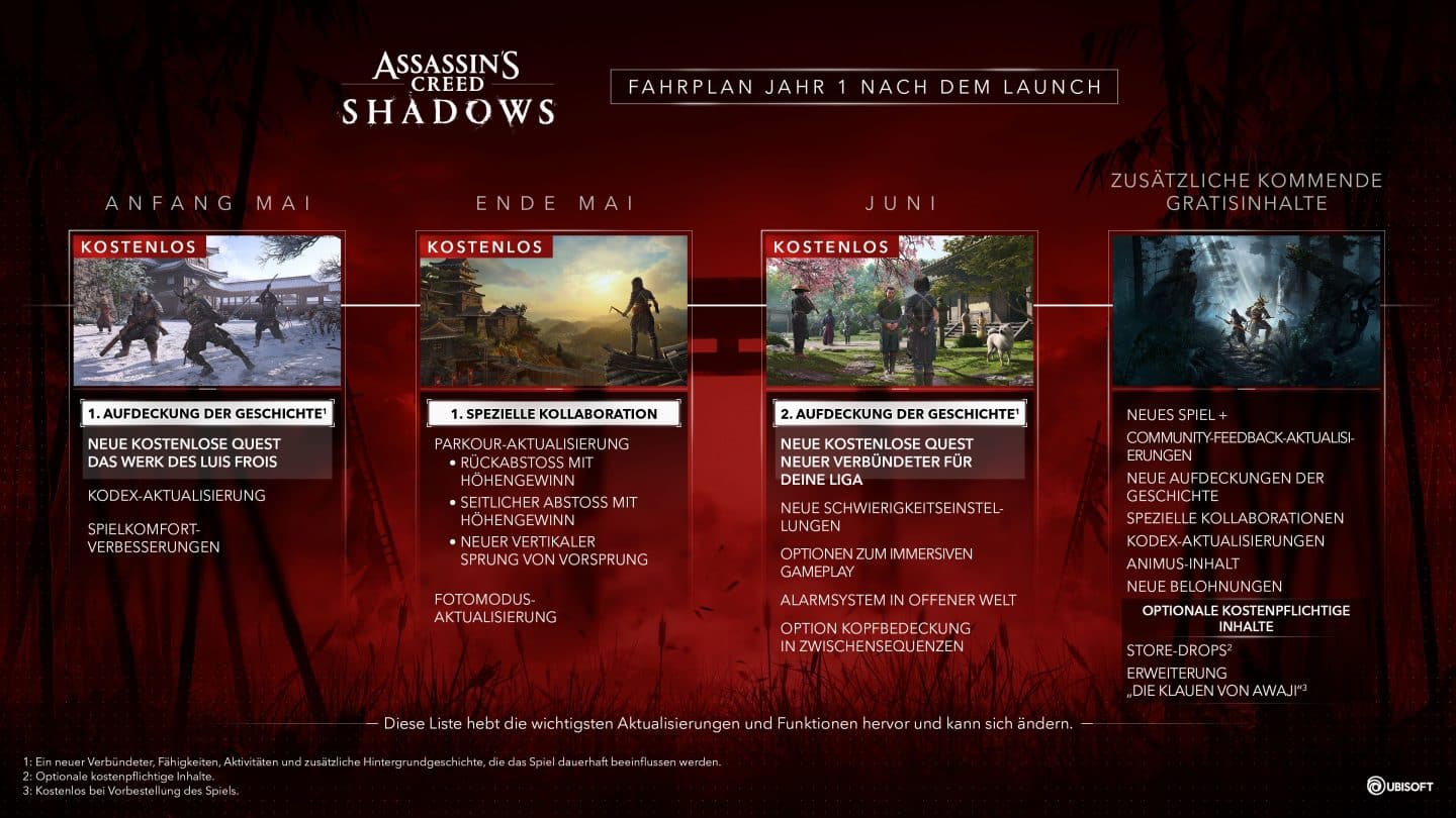 Assassin's Creed Shadows: Roadmap für Jahr 1 enthüllt – Gratis-Inhalte für Fans & Spar-Tipp! ACSH Post Launch Y1 Detailed Roadmap 01 DE Embargo April 30th 6pm