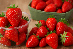 eine Gruppe Erdbeeren in einem Plastikbehälter