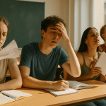 Das Bild zeigt Schülerinnen und Schüler in einem typischen deutschen Klassenzimmer, die spürbar mit der sommerlichen Hitze kämpfen: Sie wischen sich Schweiß von der Stirn, fächern sich Luft zu und wirken erschöpft. Die brennende Sonne scheint durch das Fenster und unterstreicht die schwüle Atmosphäre.