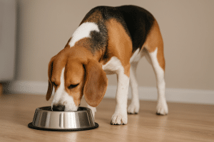 Ein Hund, der aus einer Schüssel frisst