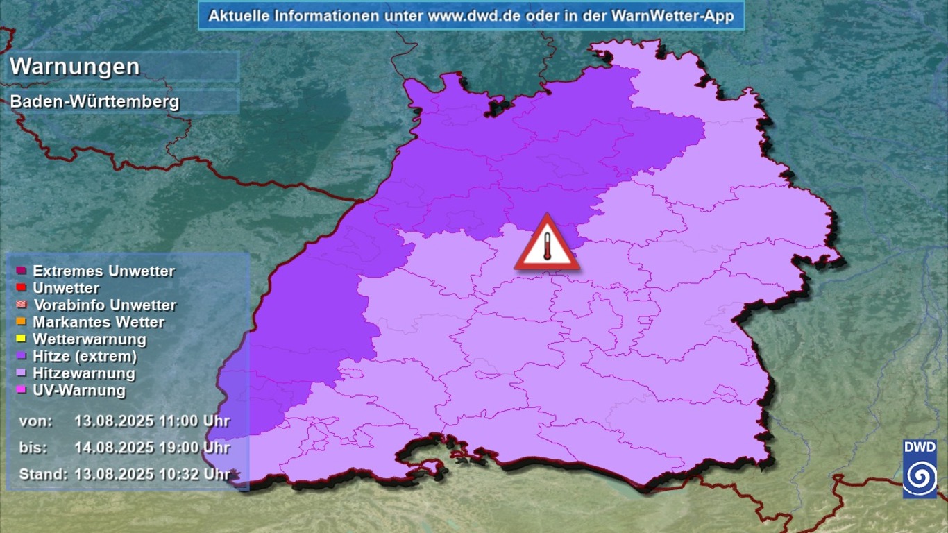 DWD warnt vor extremer Hitze in Baden-Württemberg: Heute droht hohe Belastung am Rhein und im Kraichgau SchilderSU