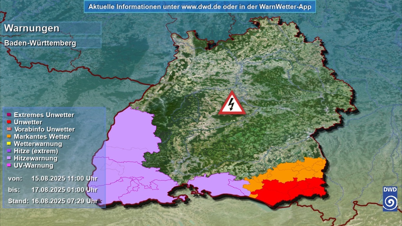 Unwetterwarnung für Baden-Württemberg am 16. August: Gewitter und Hitze in Baden-Württemberg – Starkregen, Hagel, Sturm möglich 1 Unwetterwarnung für Baden-Württemberg am 16. August: Gewitter und Hitze in Baden-Württemberg – Starkregen, Hagel, Sturm möglich SchilderSU 2