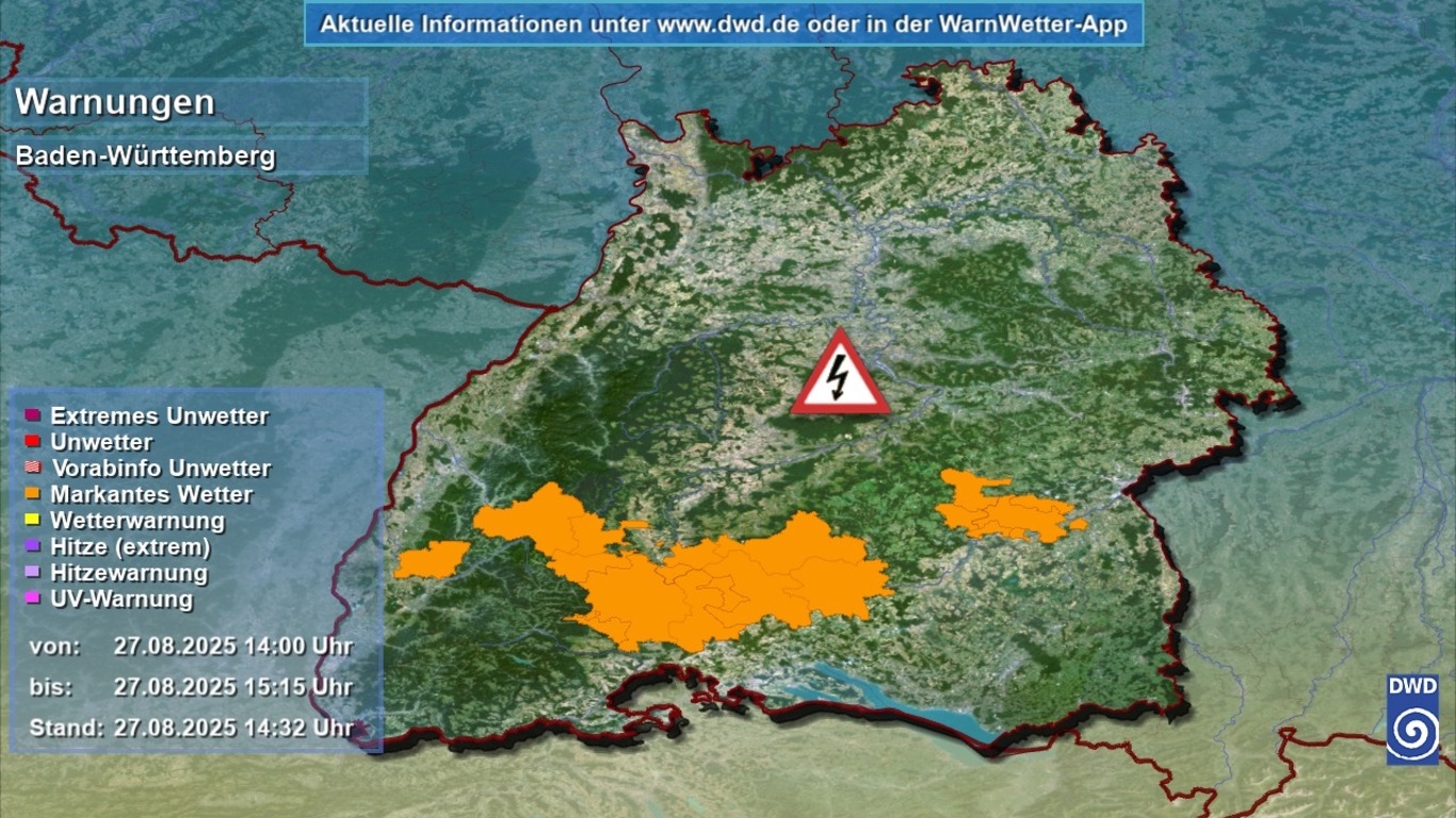 Aktuelle Unwetterwarnung des DWD für Baden-Württemberg: Heftiger Starkregen, Hagel und Sturmböen 1 Aktuelle Unwetterwarnung des DWD für Baden-Württemberg: Heftiger Starkregen, Hagel und Sturmböen SchilderSU 3