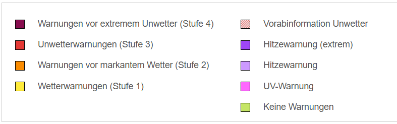 Unwetterwarnung des DWD am 21.08 für Baden-Württemberg: Dauerregen, Starkregen und Gewitter im Süden 2 Erklärung Warnstufen
