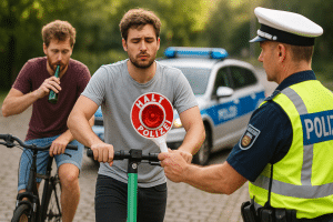 Ein Polizist kontrolliert einen jungen Mann auf einem E-Scooter, während im Hintergrund ein weiterer Mann auf einem Fahrrad eine Bierflasche in der Hand hält.