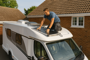 Ein Mann installiert auf dem Dach eines Wohnmobils eine Solaranlage – der TÜV warnt vor unsicheren Eigenbau-Lösungen.