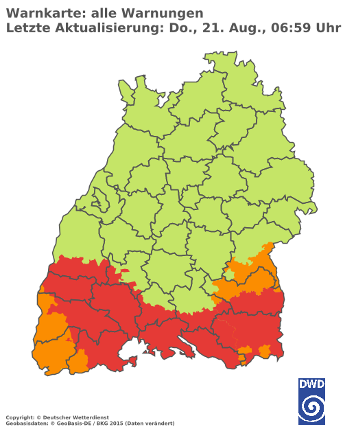 Unwetterwarnung des DWD am 21.08 für Baden-Württemberg: Dauerregen, Starkregen und Gewitter im Süden 1 Unwetterwarnung des DWD am 21.08 für Baden-Württemberg: Dauerregen, Starkregen und Gewitter im Süden warnungen gemeinde map baw