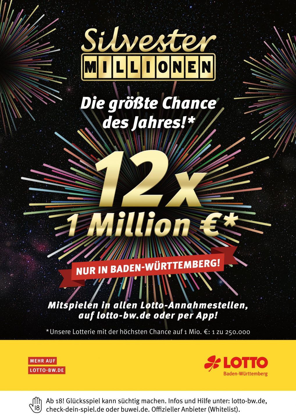 Die Silvester-Millionen sind 2025 zurück! Zwölf neue Millionäre für Baden-Württemberg – Lotto BW startet mit Rekord ins Jahresende AZ SilvesterMillionen A4 hoch 300dpi Druck 2