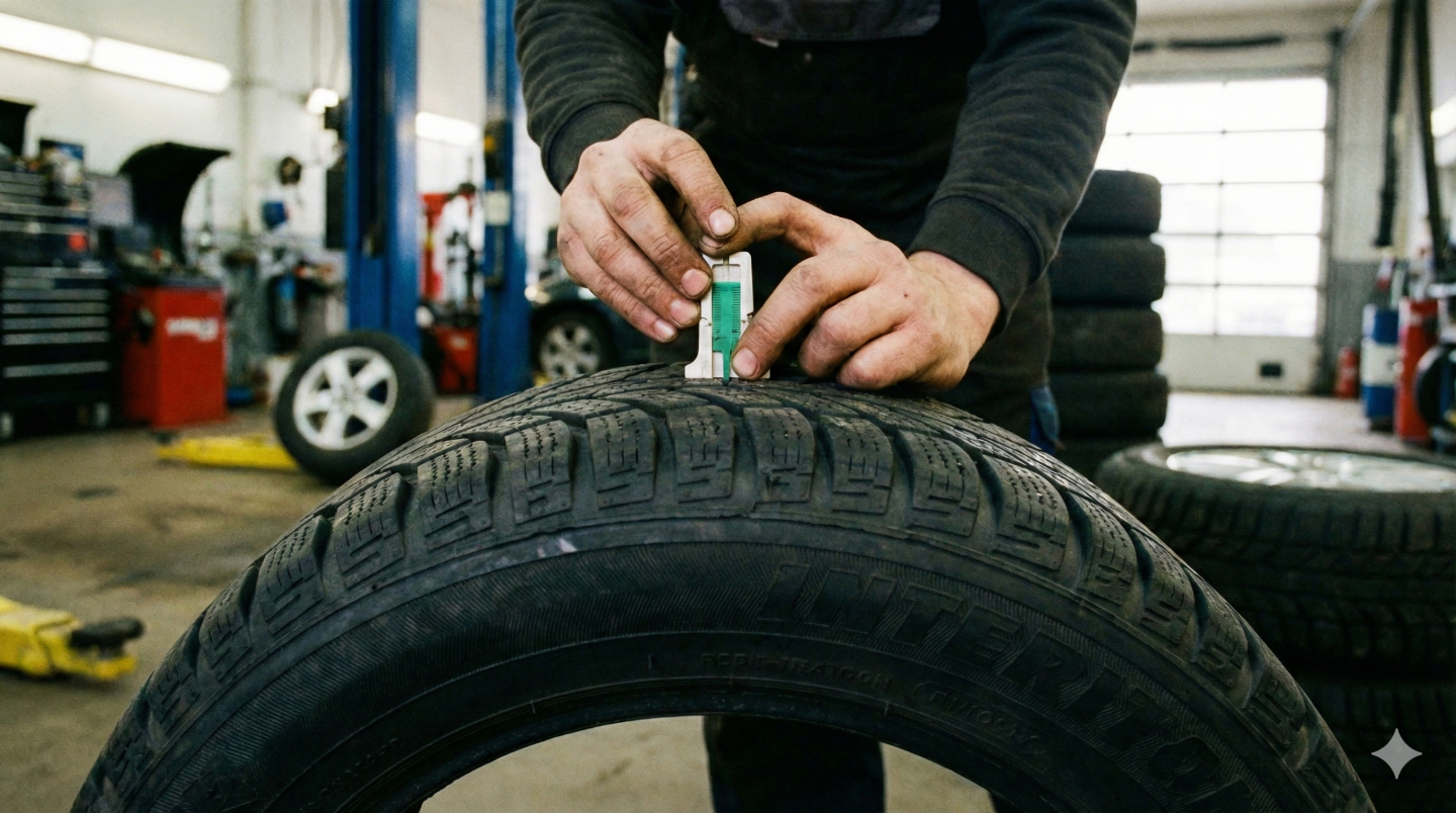 Von Winterreifen bis Dashcam: Sinnvolle Ausstattung für Fahrer in Baden-Württemberg 1 Ein Mechaniker misst die Profiltiefe eines Autoreifens – entscheidend für Sicherheit, Bremsweg und Fahrstabilität, besonders bei wechselnden Witterungsbedingungen.