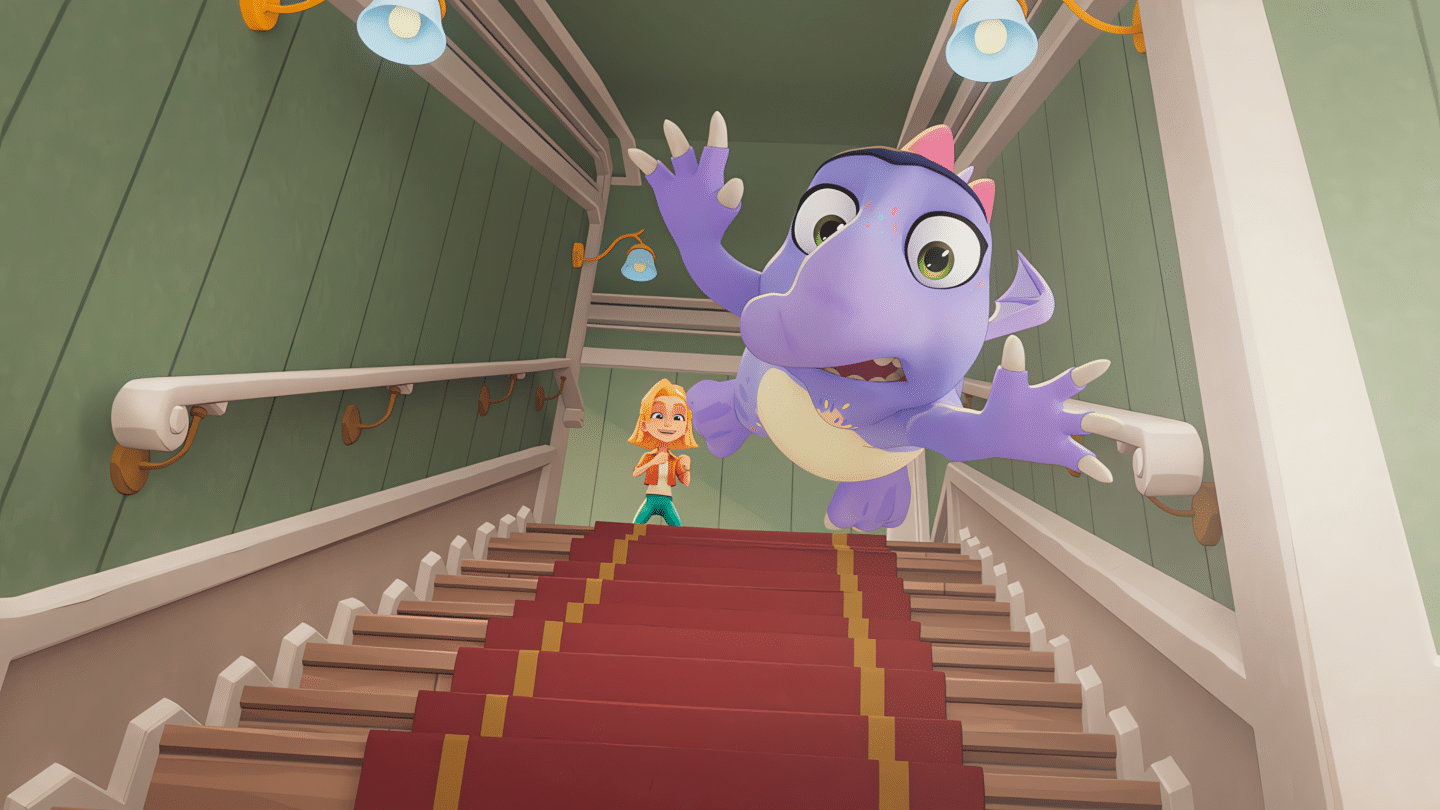Ein lila Drache und ein Mädchen auf einer Treppe in einem animierten Setting.