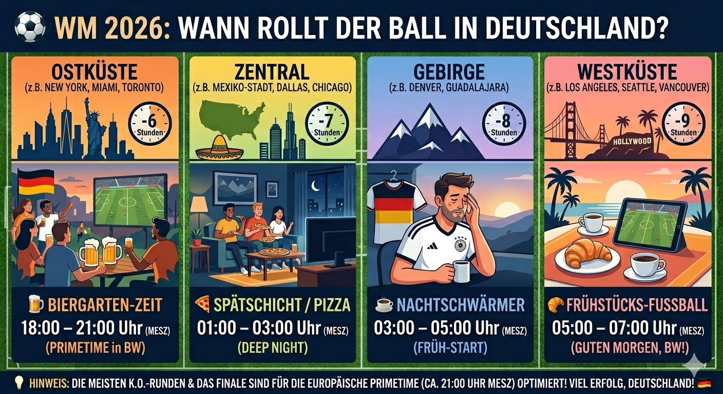 Grafik zur WM 2026 mit Zeitangaben für verschiedene US-Zeitzonen.
