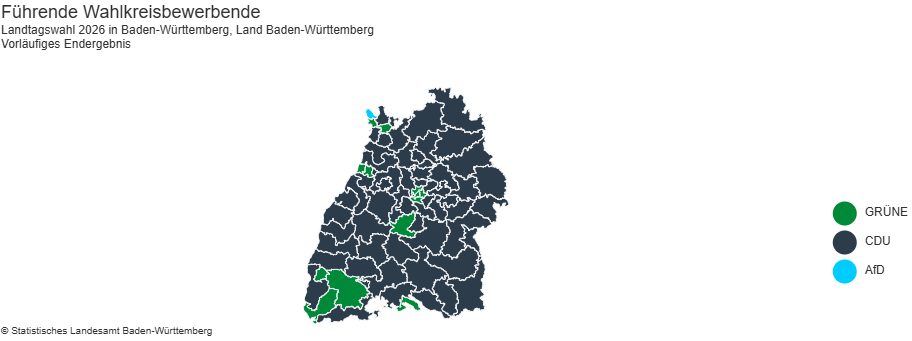 Karte von Baden-Württemberg mit Wahlkreisbewerbungen für die Landtagswahl 2026.