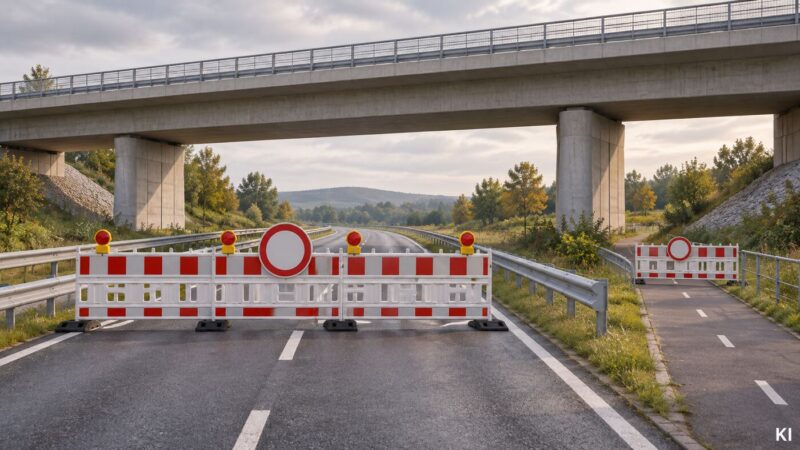 KI-Symbolbild einer gesperrten Straße und eines Radwegs unter einer Autobahnbrücke