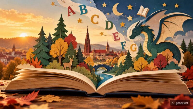 KI-generiertes Symbolbild mit offenem Buch, herbstlichem Freiburg und einer Drachenfigur