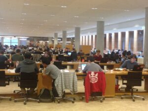Studierende arbeiten in einem Lesesaal an Tischen