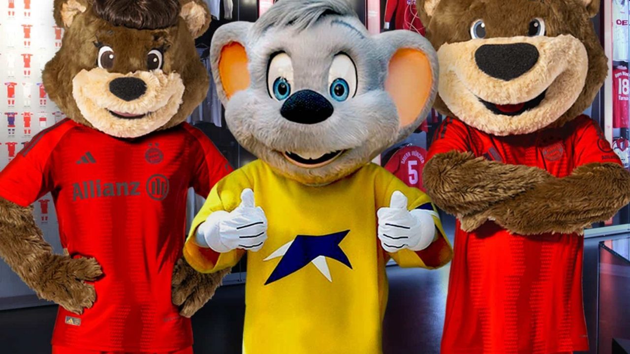 Die Maskottchen Mia, Ed Euromaus und Berni freuen sich auf die jüngsten Besucher beim Familiensonntag im FC Bayern Museum