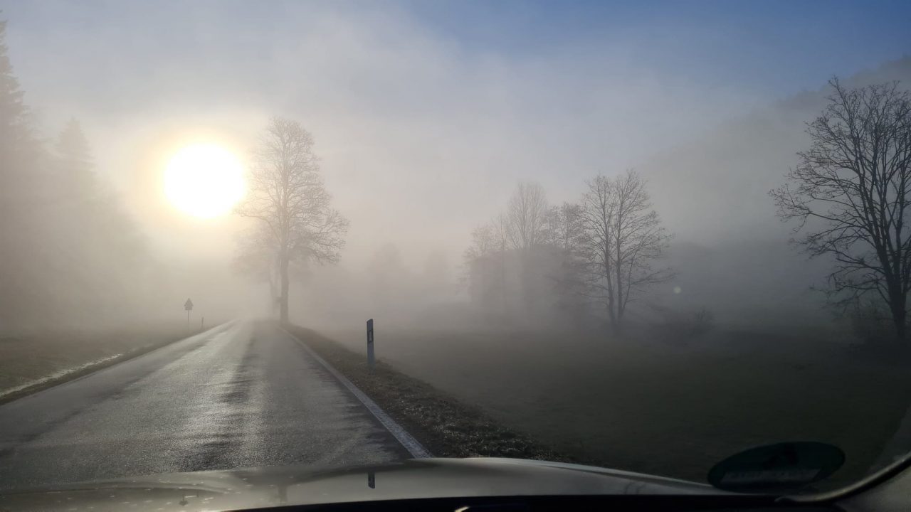 Eine Landstraße in Baden-Württemberg an einem nebligen Morgen. Die Sonne scheint durch den dichten Nebel, während kahle Bäume am Straßenrand stehen. Die Fahrbahn ist feucht, möglicherweise durch Reif oder Nebelnässe. Die Sicht ist eingeschränkt, was auf eine typische Wetterlage in den Wintermonaten hindeutet.