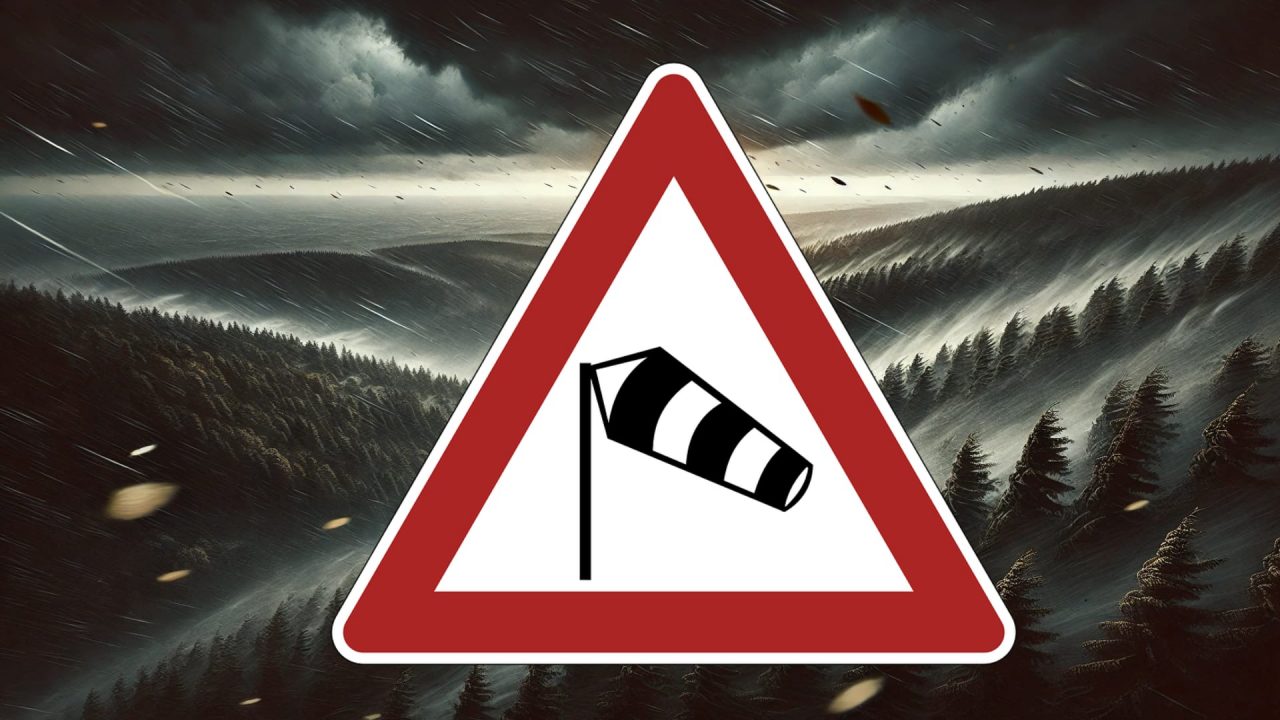 Warnschild für starken Wind vor einer stürmischen Waldlandschaft mit dunklen Wolken und fallendem Regen. Symbolisiert die angekündigte Sturmwarnung in Baden-Württemberg.